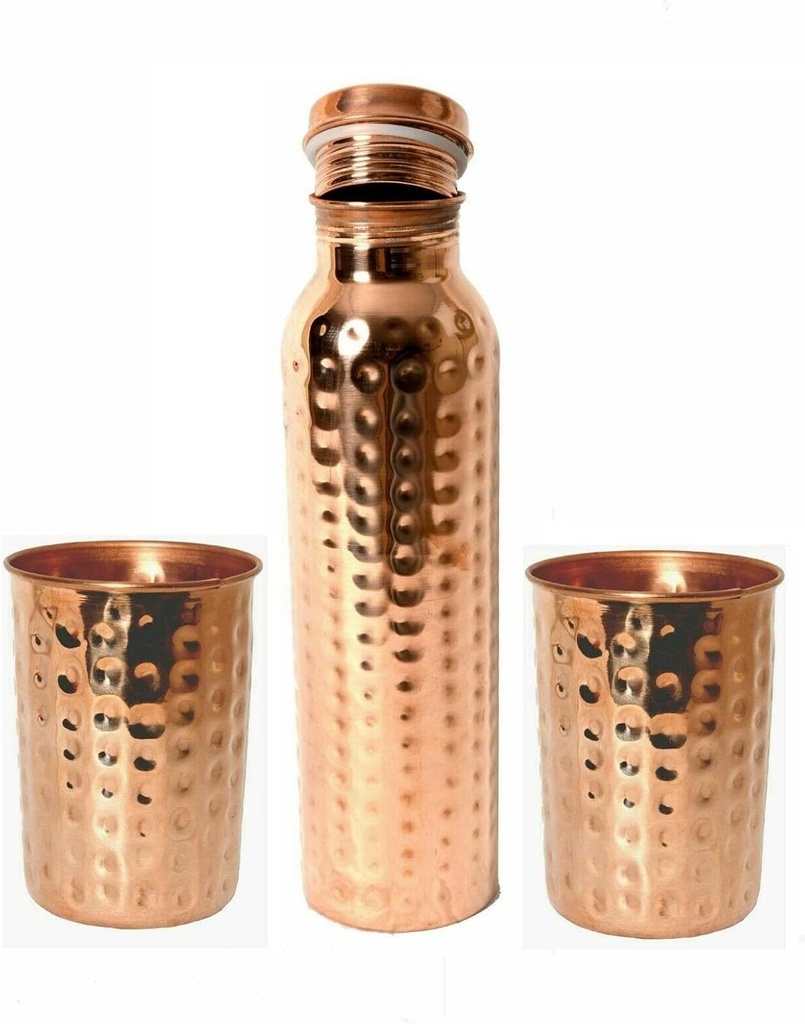 900 ml Hammered Pure Copper Water Bottle & 2 Hammered Glass Set Of 2