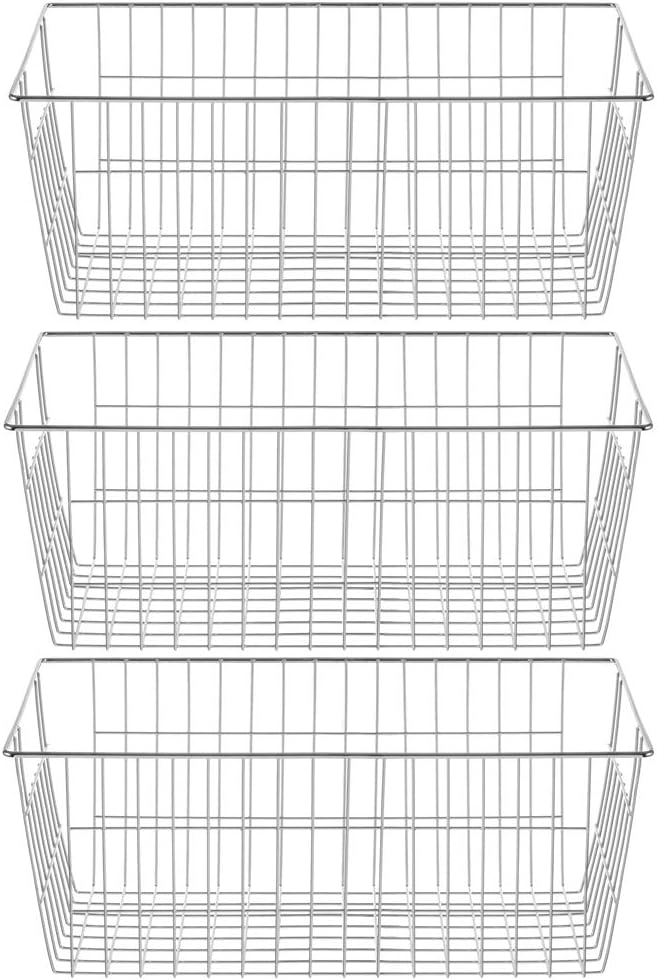 SANNO Farmhouse Freezer Bastets Organizer Bin Large Metal Wire Food Storage Organizer Bin Basket - for Kitchen Cabinets, Pantry, Bathroom, Laundry Room, Closets, Garage - Chrome, 3 pack