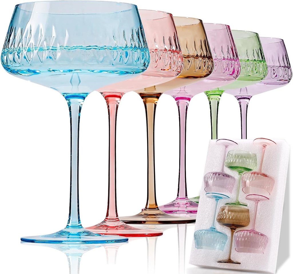 Colored Martini Glasses Set of 6, Hand Blown Margarita Cocktail Glass 14Oz, Large Vintage Champagne Coupe Glasses, Crystal Retro Style Bar and Thanksgiving Drinking Glasses,Christmas Gifts