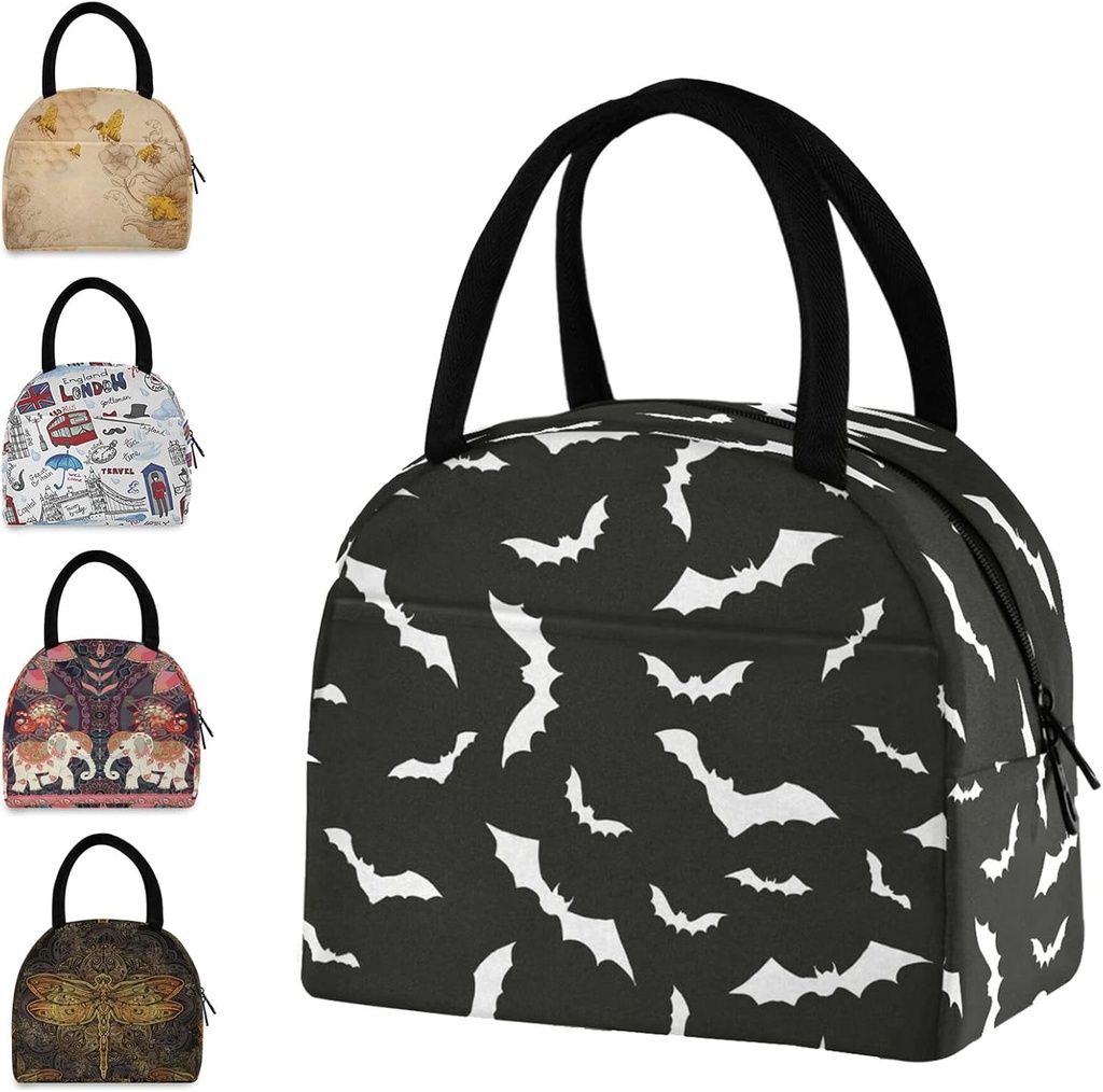 Stylish Bats Halloween Pattern Reusable Lunch Tote Bag with Front Pocket Zipper Closure Insulated Cooler Container Bag for Man Women Work Picnic Travel Beach Fishing