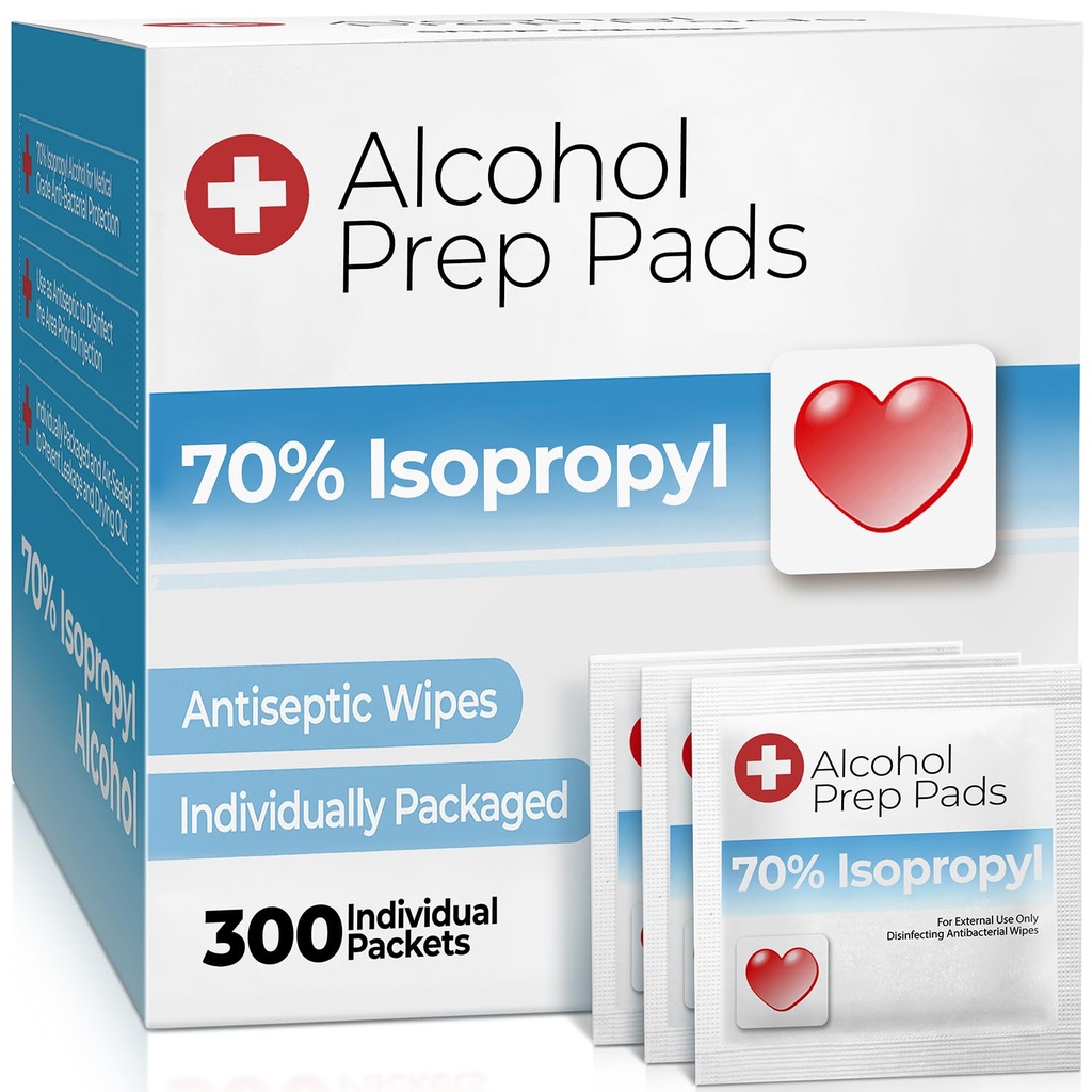 Alcohol Wipes individually Wrapped - 300 Pack Isopropyl Alcohol Wipes, Alcohol Prep Pads, Great for Home, Medical and First Aid Kits, Individually Wrapped Swabs