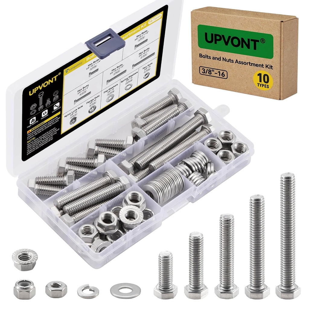 Hex Bolts and Nuts Assortment Kit, 3/8"-16 UNC Nuts and Bolts Set (10 Types), 304 Stainless Steel Bolts and Nuts Kit with Nylon Lock Nuts, Flange Nuts and Spring Washers