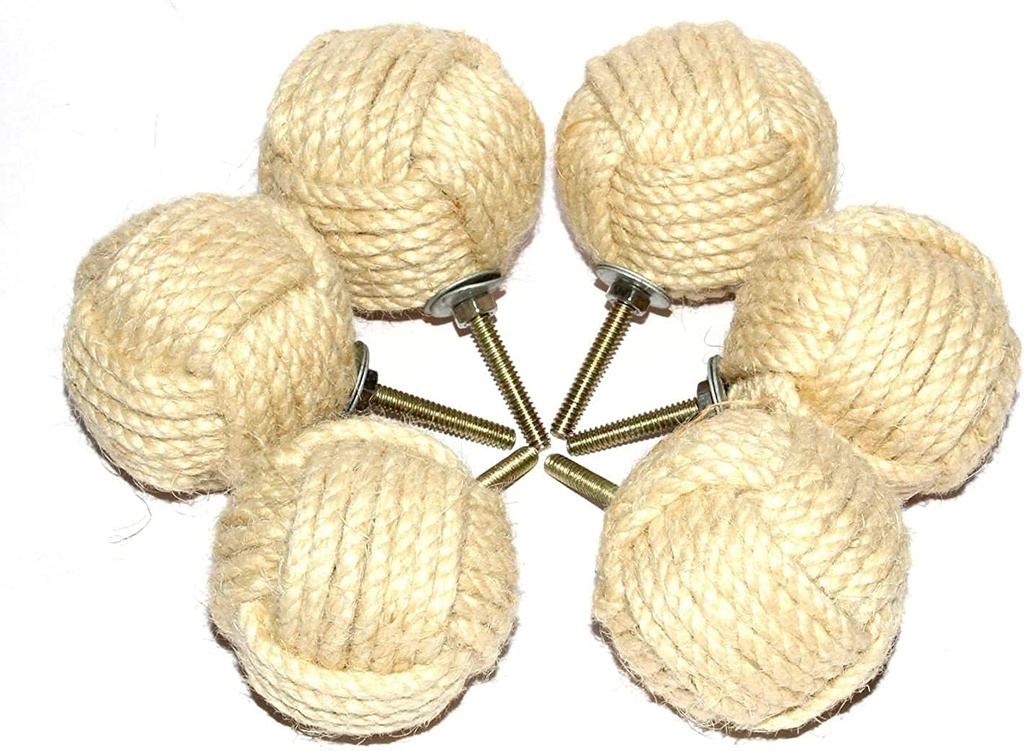 AnNafi® Cabinet Knobs Full Knott Jute | Rope Doorknobs Nautical Twisted Decorative for Cabinets, Wardrobes, Cupboards, Drawer, Nautical Hardware Décor 1.25" | Jute Rope Drawer pulls (6)
