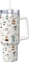Coffee Pattern 40 Oz Tumbler With Handle And Straw Lid, Insulated Reusable Stainless Steel Travel Mug Iced Tea Or Coffee, Smoothie And More