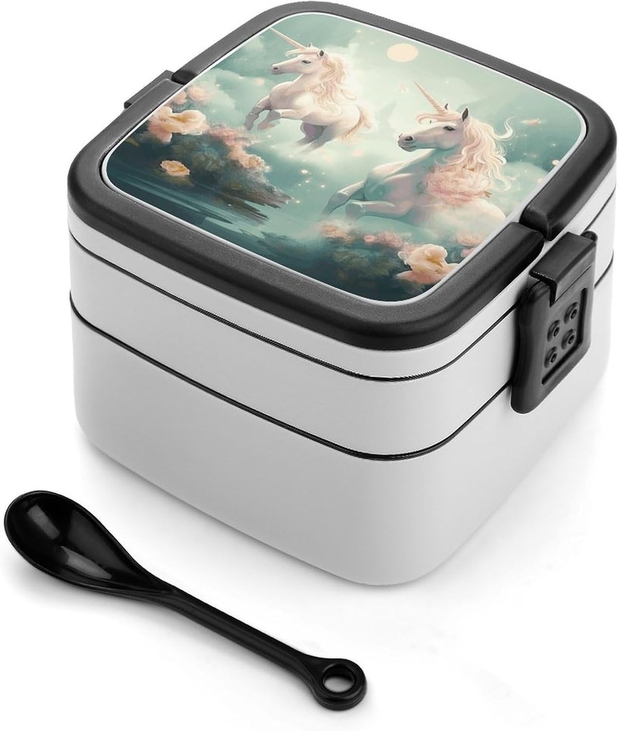 Adult Double-Layer Bento Box Unicorns Portable Lunch Box with Spoon And Invisible Handle Leakproof Microwave-Safe Food Container for Work Travel Camping