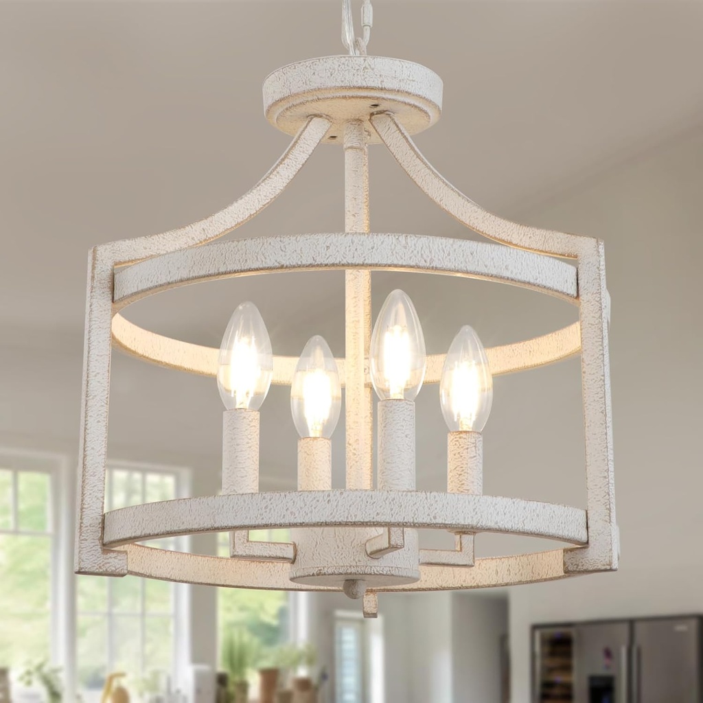 4-Light Farmhouse Chandeliers for Dining Room, Vintage White Chandelier Convertible Semi Flush Mount Ceiling Light Fixture, Metal Hanging Pendant Lighting Kitchen Island Foyer Entryway