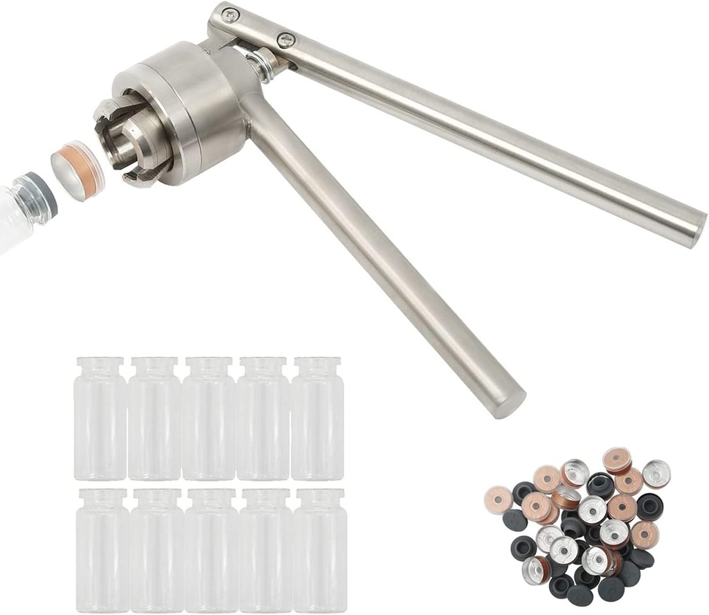HighFree 13mm Vial Crimper, Manual Sealer Hand Sealing Machine with 10 Set of 3ml Vials + Stopper + Caps, Handheld Vial Crimper for Crimping 13mm Diameter Plastic-Aluminum Flip Caps