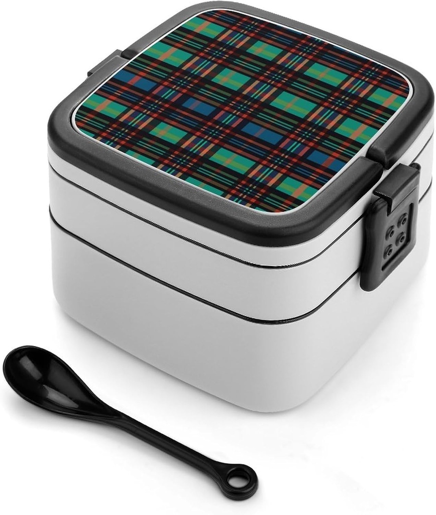 Striped Checked Bento Box for Adults Double Layer Lunch Box with Spoon And Invisible Handle Microwave Dishwasher Safe Leak Proof Meal Prep Lunch Containers for Office Picnic