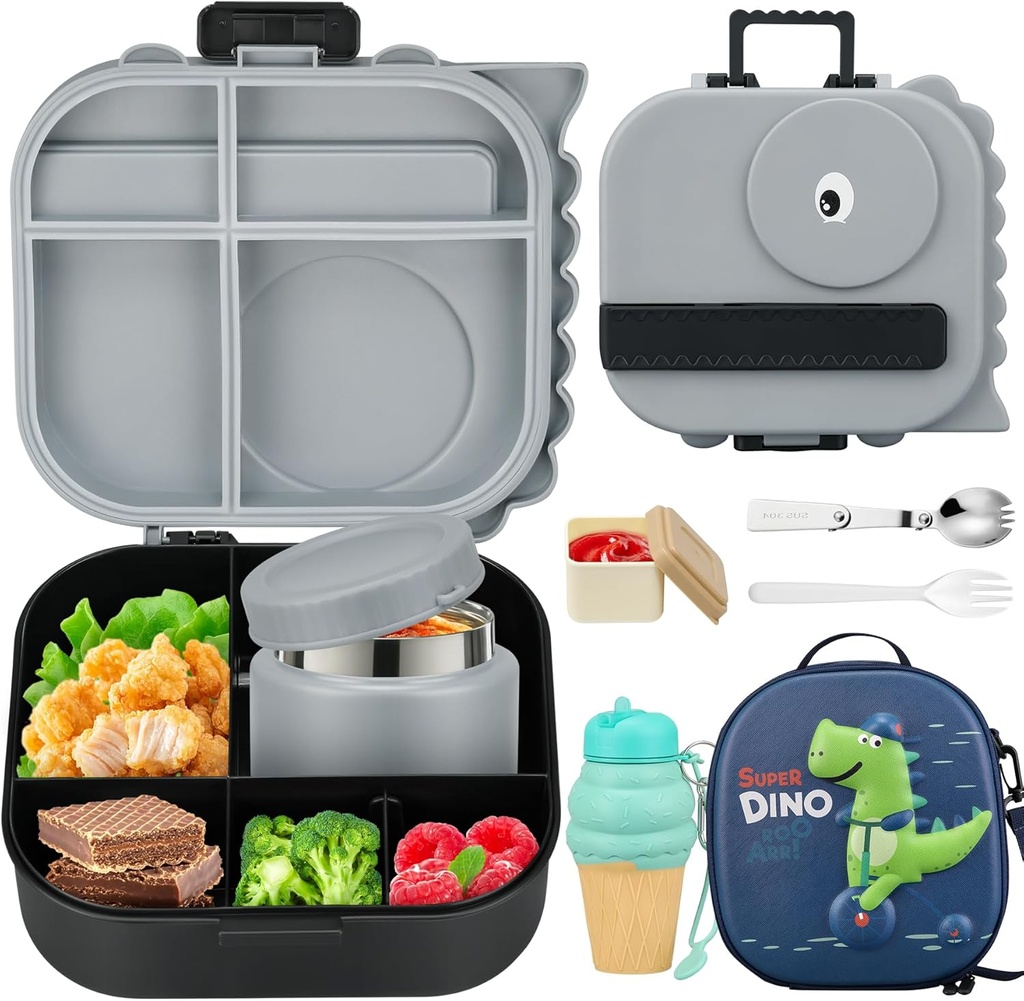 Dinosaur Lunch Box for Kids with Secret Compartment | 4 Compartments Bento Box + 12oz Insulated Food Jar | Leak-Proof Sauce Cup & Collapsible Spoon | BPA-Free, Dishwasher Safe(Grey+Grey Jar)