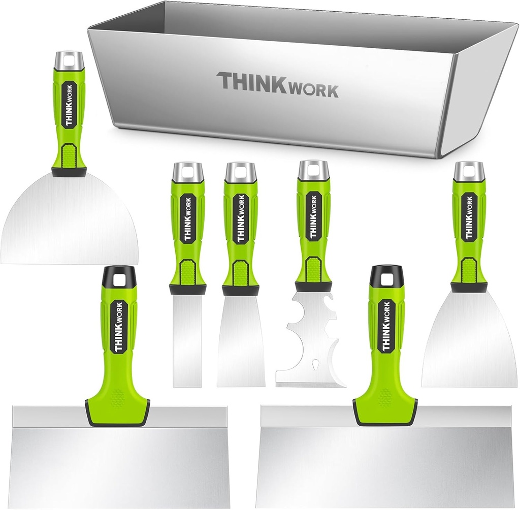 THINKWORK Drywall Tools - 8Pcs Stainless Steel Drywall Knife Set with Putty Knife, Taping Knives, Painter Scraper & 10" Mud Pan, Spackle Tool Set for Joint Taping, Finishing & Patching