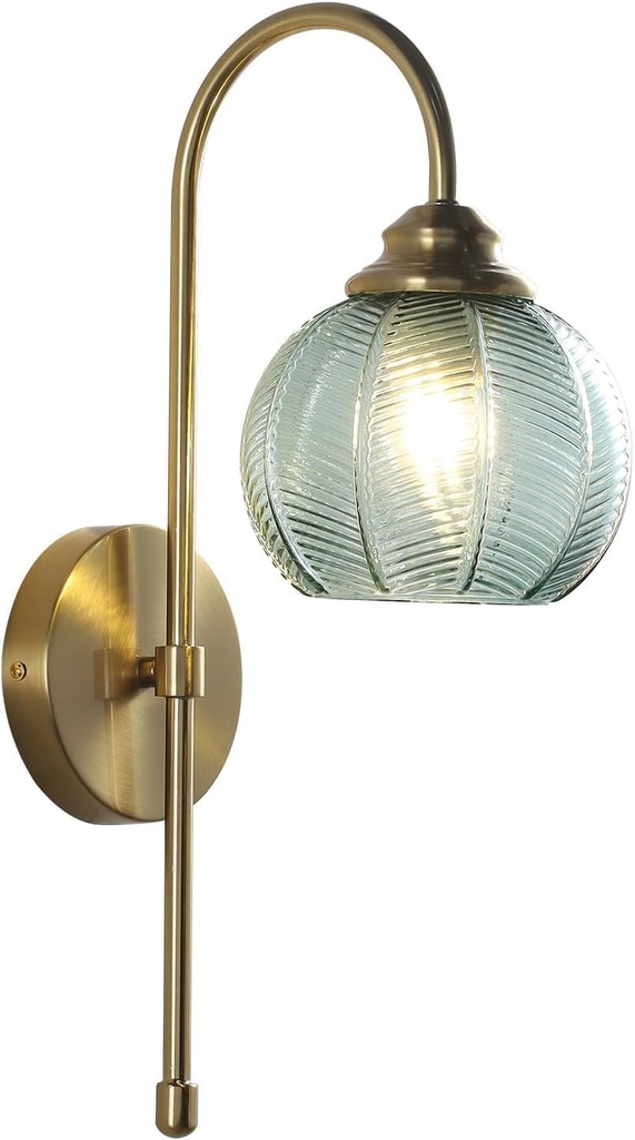 KCO Lighting Vintage Green Glass Wall Light with Brushed Brass Arm - Large Globe Sconce, Gold Finish - Mid Century Modern, Unique Bathroom Wall Lamps
