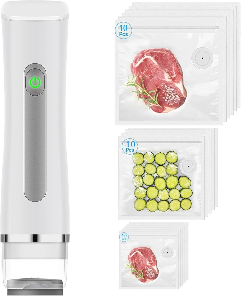 Vacuum Sealer for Food, Handheld Vacuum Sealer with 30 Reusable Bags, One Touch Food Vacuum Sealers Machine with Visible Water Tank for Kitchen Storage and Preservation
