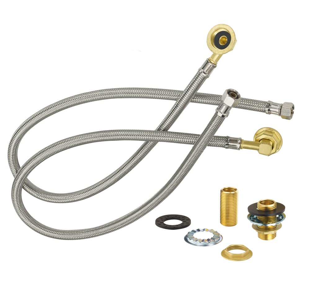 Krowne 21-445L E-Z Install Water Line Kit, 30" Stainless Steel Braided Supply Hoses, 3/8" Compression & 1/2" NPT Fittings, Includes Elbows, Nipples, Washers & Lock Nuts, No Soldering Required