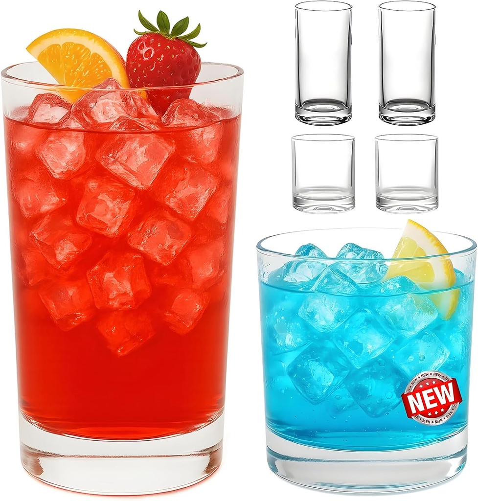 Glasses Drinking Set of 4, Rocks Glass, 2 Tall 13 oz Drinking Glasses and 2 Short 10 oz Whiskey Glass - Clear Glassware Drinking Glasses for Cocktail Juice Iced Coffee Beer Ice Tea Wine Water