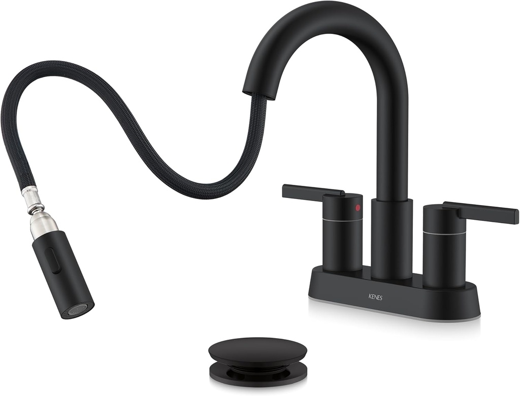 KENES Matte Black Centerset Bathroom Faucet with Pull Out Sprayer, 4 Inch 2 Handle Pull Down Bathroom Faucet 3 Hole, Bathroom Sink Faucet with Pop Up Drain & Supply Lines LJ-9069-2