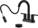 KENES Matte Black Centerset Bathroom Faucet with Pull Out Sprayer, 4 Inch 2 Handle Pull Down Bathroom Faucet 3 Hole, Bathroom Sink Faucet with Pop Up Drain & Supply Lines LJ-9069-2