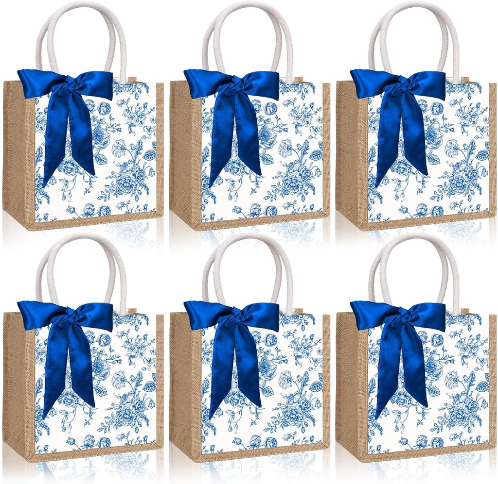 6Pcs Blue White Vintage Floral Burlap Tote Bags Reusable Chinoiserie Flower Jute Gift Bags with Handles and Ribbon Grocery Shopping Bridesmaid Bag for Wedding Baby Bridal Shower Birthday Party