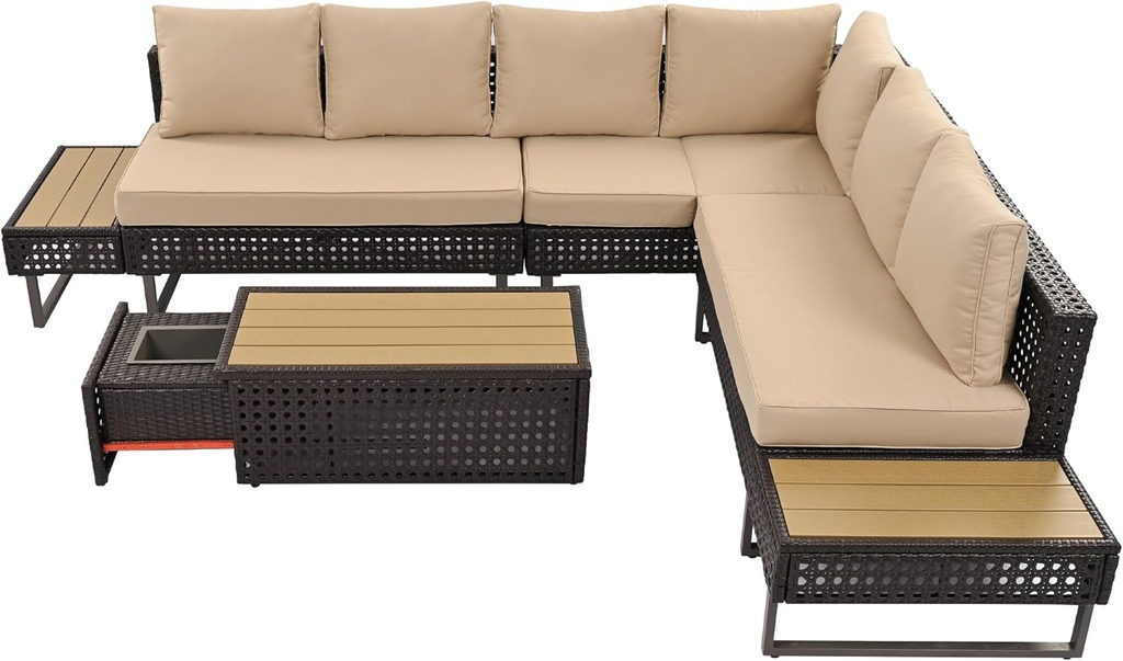 6 Piece Wicker Patio Furniture Set with Extendable Coffee Table and Side Table, Outdoor Conversation Sectional Sofa Set with Collapsible Seat, Khaki+Brown