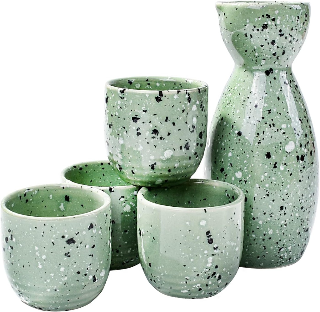 Ceramic Sake Set of 5, Durable Japanese Sake Ceramic Set Featuring 1 Sake Bottle and 4 Sake Cups (Small Green)