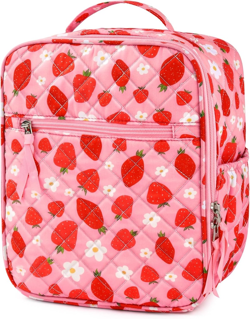 Aileam Lunch Box for Women Cute Strawberry Lunch Bag Quilted Reusable Insulated Lunch Box Aesthetic Lunch Tote Bags Floral Cotton Lunch Case for Travel Work Picnic (Pink Strawberry Flower)