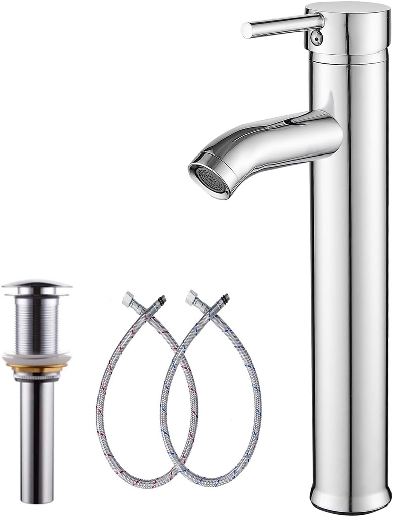 Bathroom Faucet Chrome GGStudy Single Handle 1 Hole Tall Body Bathroom Vessel Sink Faucet Bathroom Vanity Faucet with Drain Assembly