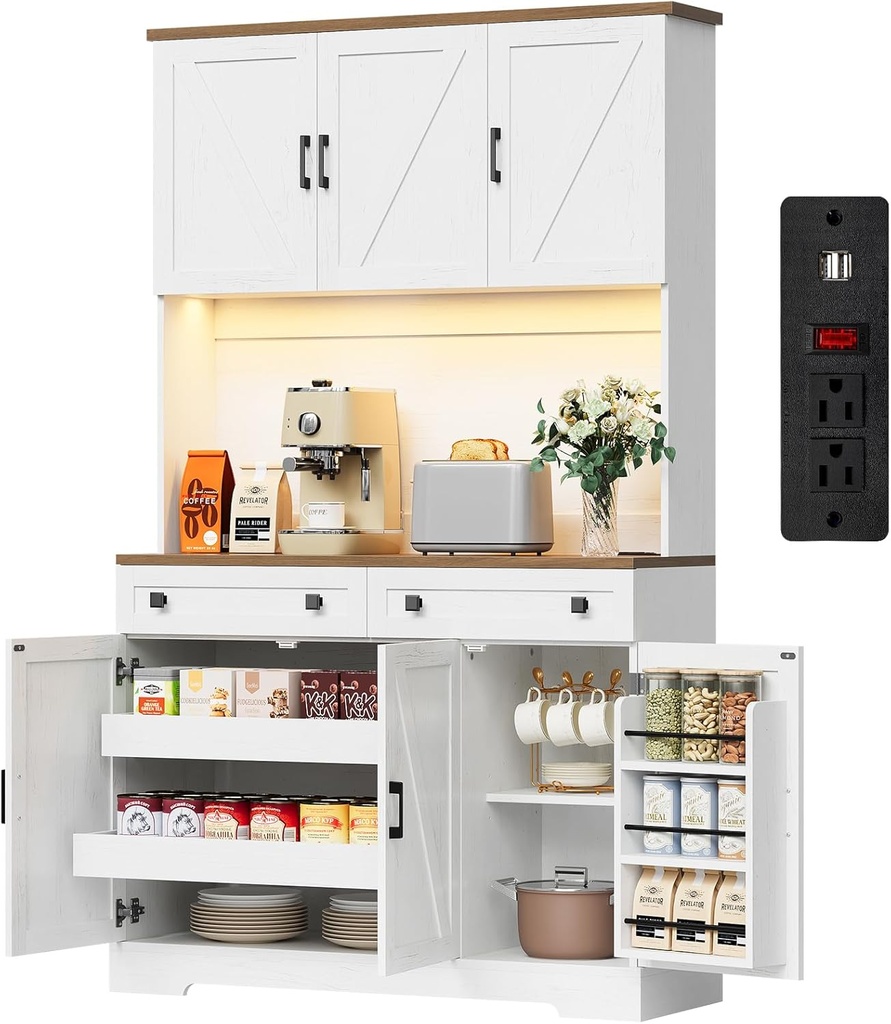 ELYKEN 71" Pantry Cabinet with Charging Station & LED Lights, Tall Kitchen Pantry with Hutch, Microwave Stand, Farmhouse Pantry with Door Shelf & Drawer & Adjustable Shelf for Dining Room, White