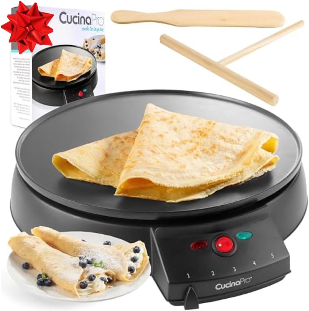 12" Griddle & Crepe Maker, Non-Stick Electric Holiday Crepe Pan w Batter Spreader & Recipe Guide- Dual Use Hot Plate for Xmas Morning Blintzes, Eggs, Pancakes- Portable, Adjustable Temp Settings- Gift