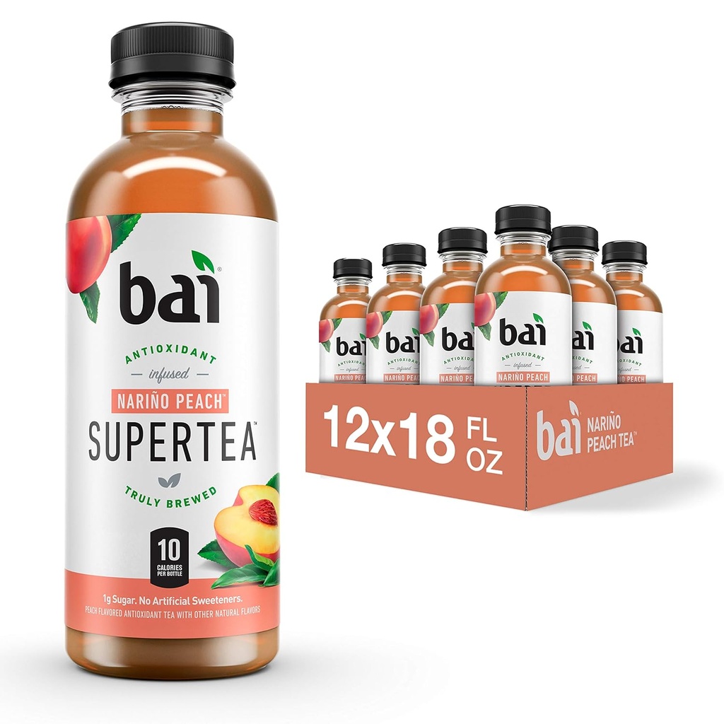 Bai Iced Tea, Narino Peach, Antioxidant Infused Supertea, Crafted with Real Tea (Black Tea, White Tea), 18 Fluid Ounce Bottles, 12 count