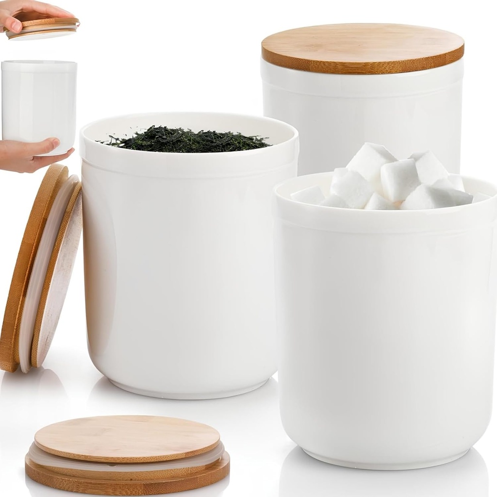 AVLA 3 Pack Ceramic Food Storage Jars with Bamboo Lids, 36 FL OZ White Kitchen Canisters Airtight Container for Serving Ground Coffee, Cookie, Tea, Sugar, Salt, Spices, Flour
