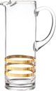 Glass Pitcher with handle Straight Sided, Handmade, With Spout, Three Gold Horizontal Stripes- Ice Lip, 50 oz. 11" H, by Barski - Made in Europe