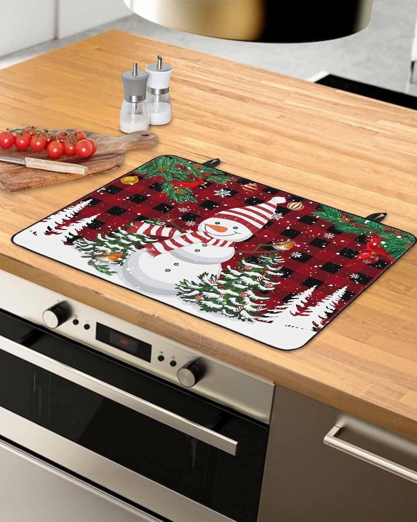 Christmas Countertop Burners Protection Mats for Kitchen, Snowman Christmas Tree with Bell Red Plaid Rubber Stove Top Cover Mat, Heat Proof Mats Cooktop Cover for Counter Dish Drying Mat, 31"x24"