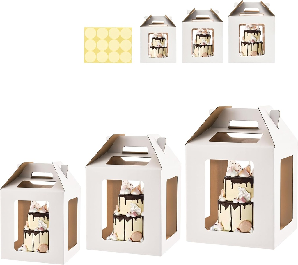 Tall Cake Boxes 6 Windows with handle, In 3 Size 10x10x10&12x12x12&14x14x14inch Cake Boxes,Square Cake Carrier,largeTake Out Transport Containers(3Pcs-White)