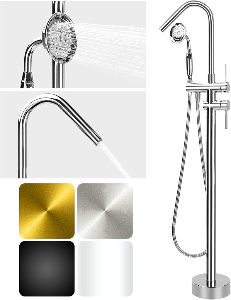 Free Standing Tub Faucet High Flow Tub Filler Floor Mount Freestanding Bathtub Faucet Swivel Gooseneck Spout with Handheld Shower Chrome Finished