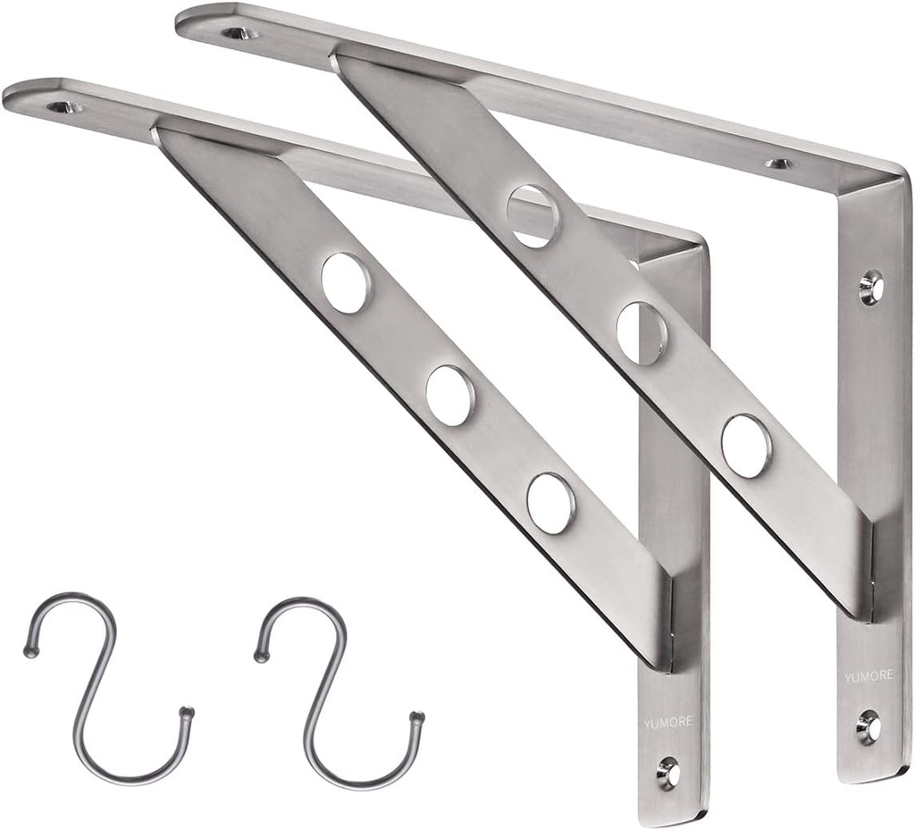 YUMORE Stainless Steel Shelf Bracket 10", Heavy Duty Solid Shelf Support Corner Brace Joint Right Angle Bracket, L Bracket with 2 S Hook, 2 Pack