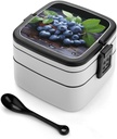 Delicious Blueberries Bento Box Adult Lunch Box All-in-One Lunch Containers with Removable Compartments Double Layer Bento Lunch Box with Spoon And Handle Stackable Lunchbox