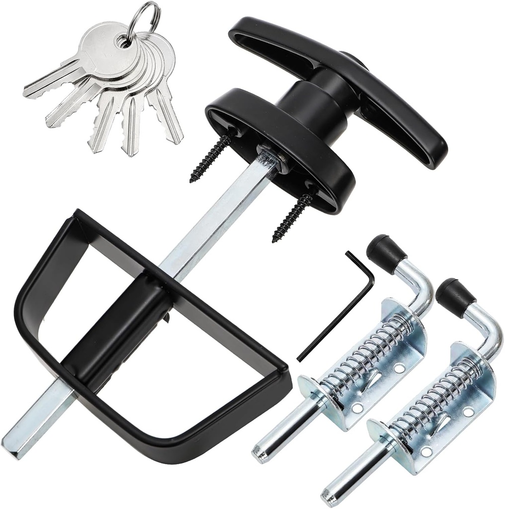 Shed Door Latch Kit, T-Handle Lock with 5 Keys and 2 Spring Loaded Latches, 5-1/2" Stem Shed Door Hardware Lock for Storage Barn, Gates, Rvs, Chicken Coops, Garages, Playhouses