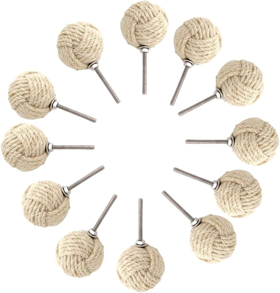 Jute Rope Door Knobs - Off White Pull and Push Handle Knobs for Cabinets, Wardrobes & Cupboards - Nautical Handmade Jute Ropes Door Knobs/Rope Knot Drawer Pulls - Home Decor Gifts (Set Of 12)