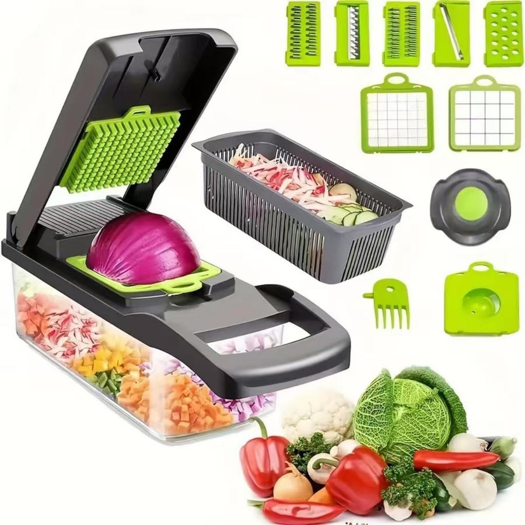 Grey 14 in 1 Multifunctional Veggie Chopper and Cutter - Onion, Salad, and More - 8 Blades, Container & Lid