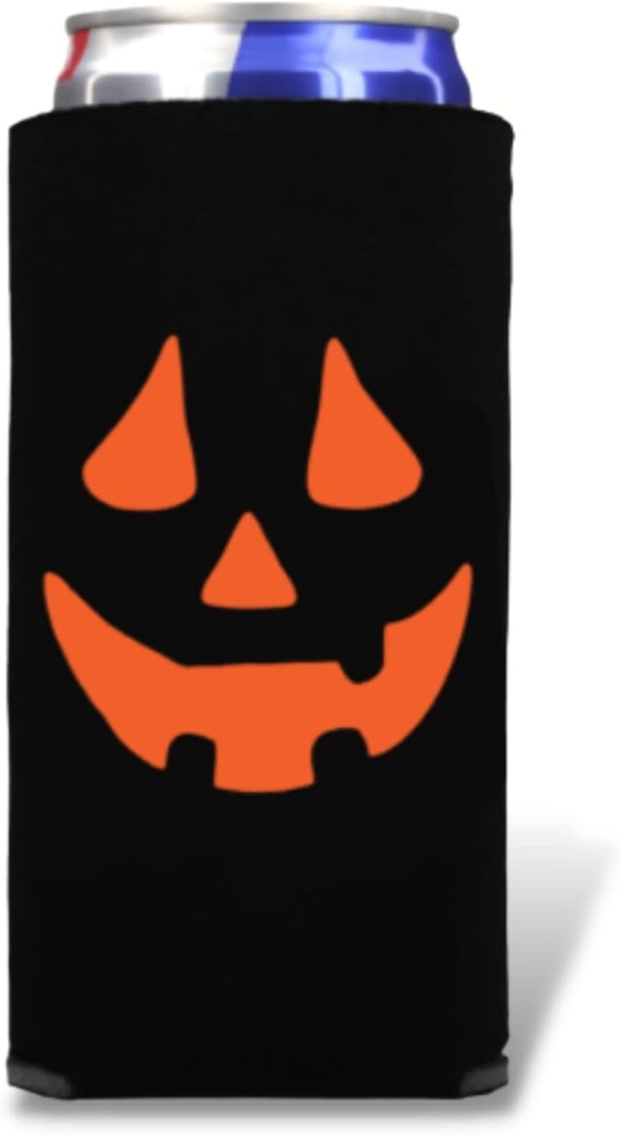 Halloween Jack-O-Lantern Slim Can Cooler - Halloween Skinny Coolies - Pumpkin Halloween Party Gift - Halloween Costume - Halloween Party (Black)