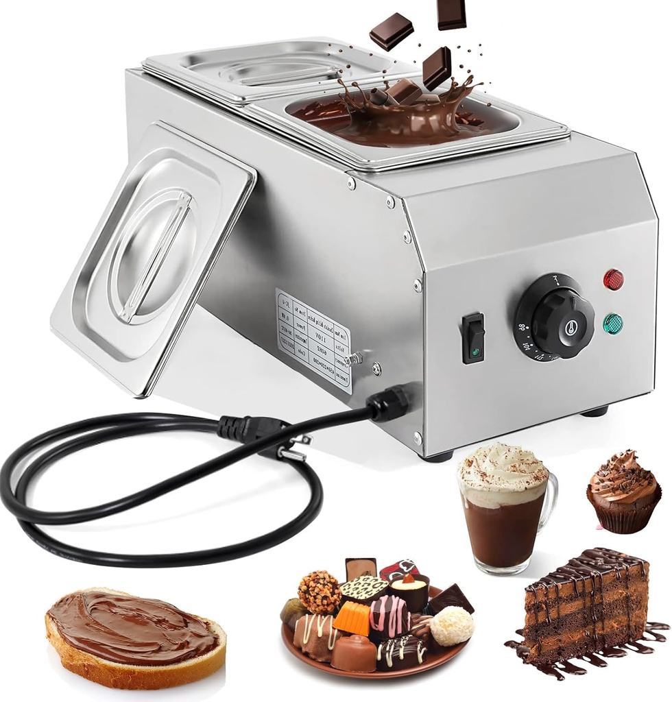 9 Lbs 2 Tanks Chocolate Tempering Machine Chocolate Melter, Chocolate Melting Pot with TEMP Control 86~185℉, 1000W Stainless Steel Electric Commercial Chocolate Warmer and Melter
