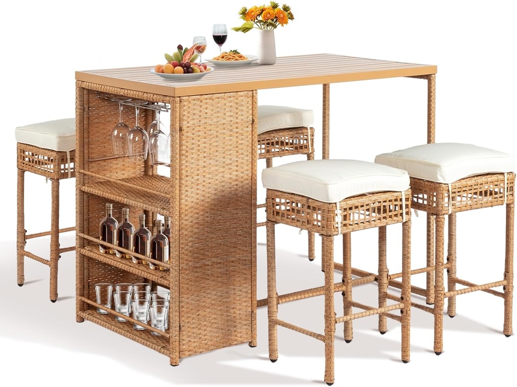 Outvita 5-Piece Outdoor Bar Set, Wicker Rattan Bar Height Patio Set w/4 Cushion Bar Stools & Table with Hidden Storage, Outdoor High Top Table and Chairs Set for Backyard, Balcony, Garden and Poolside