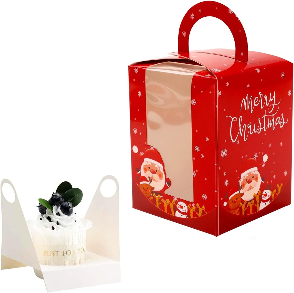 Christmas Cupcake Boxes,12 Pcs Single Cupcake Carrier with Window Insert and Handle, Cupcake Carriers for Bakery Wrapping Sweets Christmas Festival Party Favor Packaging