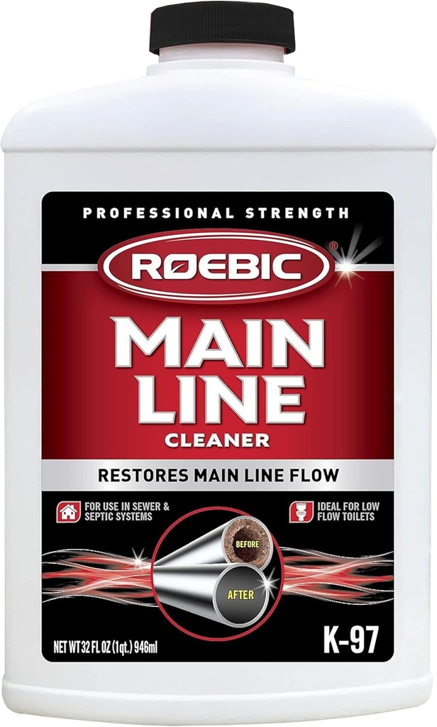 Roebic K-97 Liquid Main Line Cleaner with Bacteria Enzymes, Eliminates Organic Buildup in Sewer/Septic System and Protects from Clogs, Safe for Bathroom Toilet, 32 fl oz