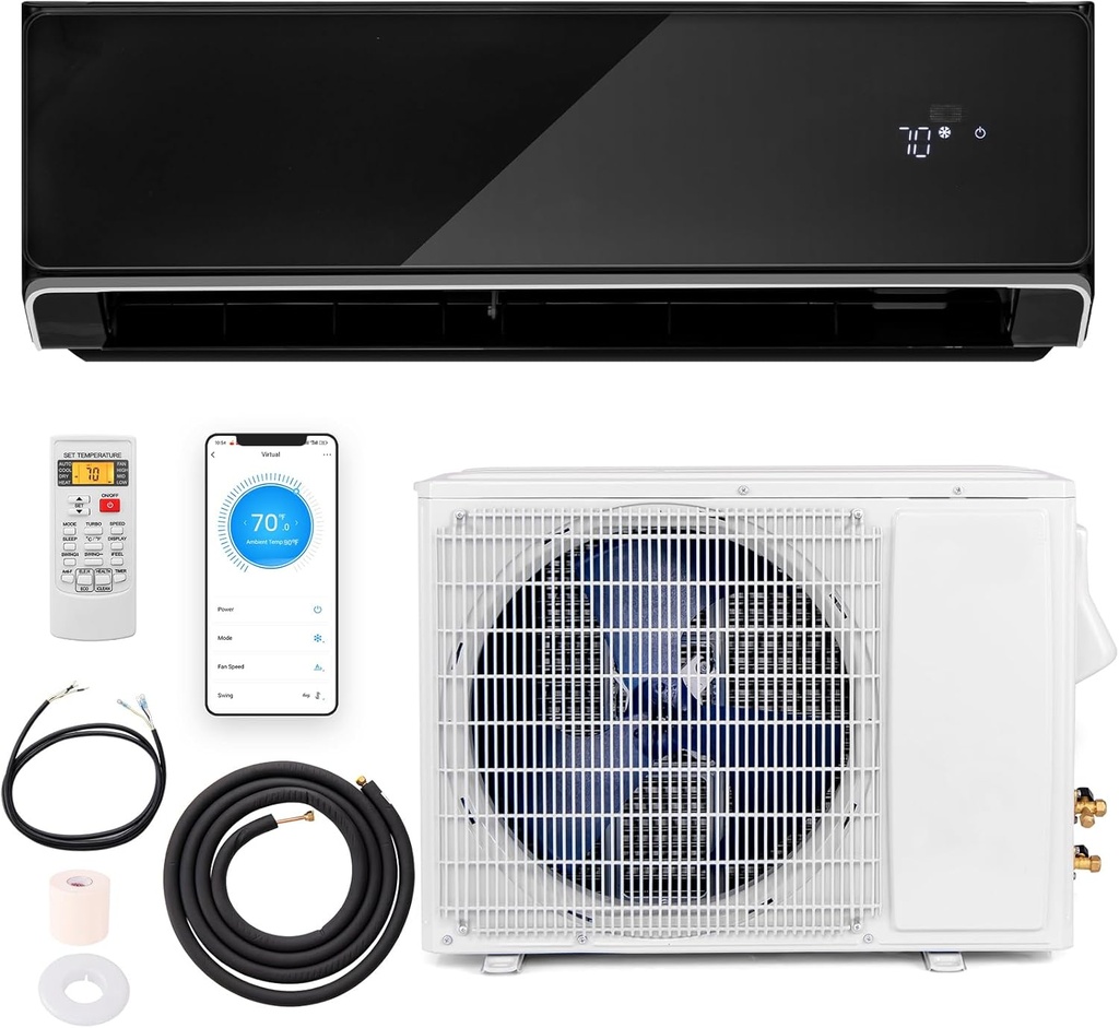 RELAX4LIFE Wifi Enabled Mini Split AC/Heating System, 12000BTU Ductless Air Conditioner & Heater w/Heat Pump, Remote, Cools up to 750 Sq.Ft, Installation Kit, 22 SEER2 208-230V Inverter Split AC Unit