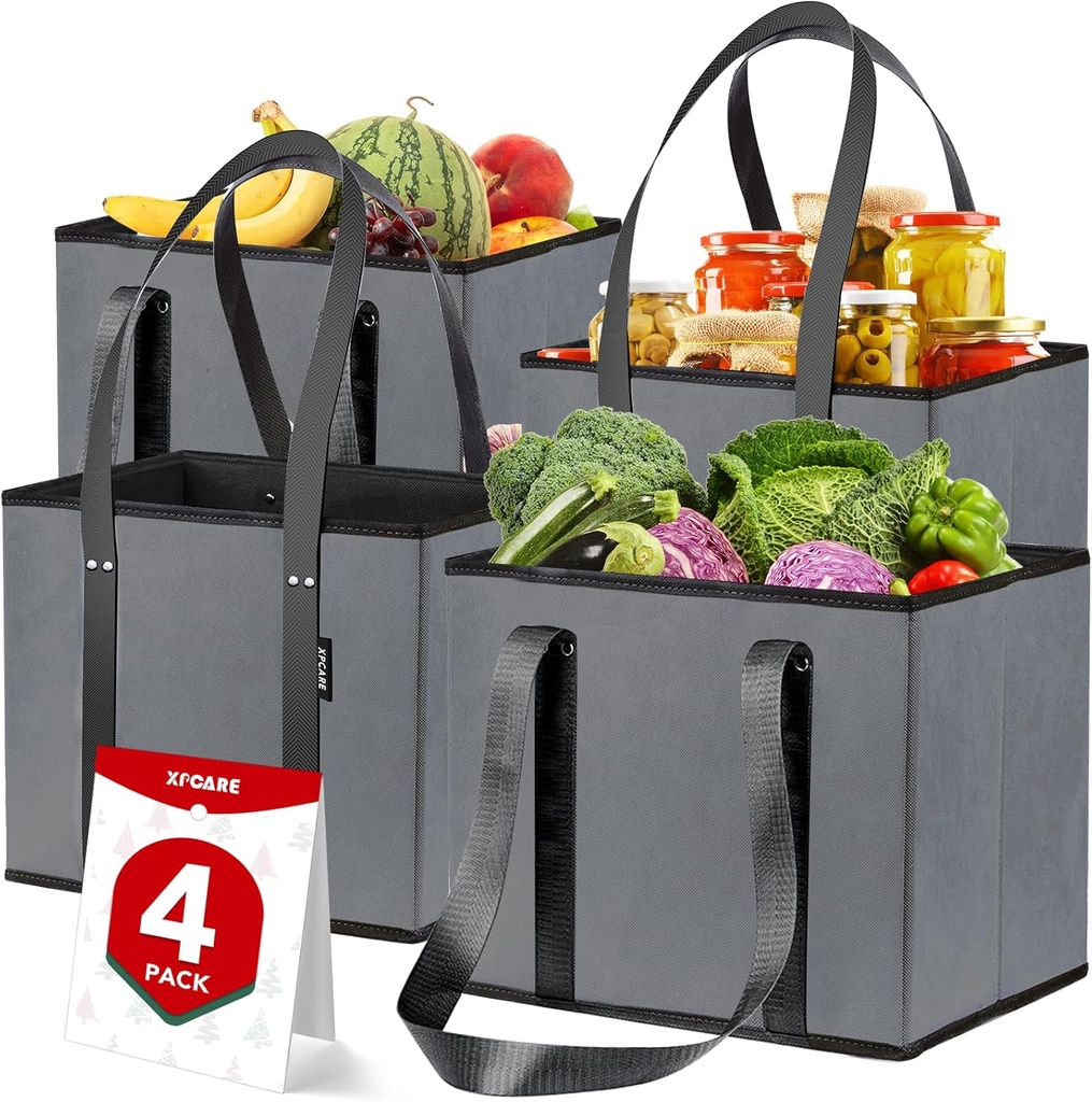 XPCARE 4 Pack Reusable Grocery Bags - Heavy Duty Reusable Shopping Bags with Box Shape to Stand Up, Stay Open, Fold Flat - Foldable Grocery Tote Bag with Long Handles & Reinforced Bottom Grey