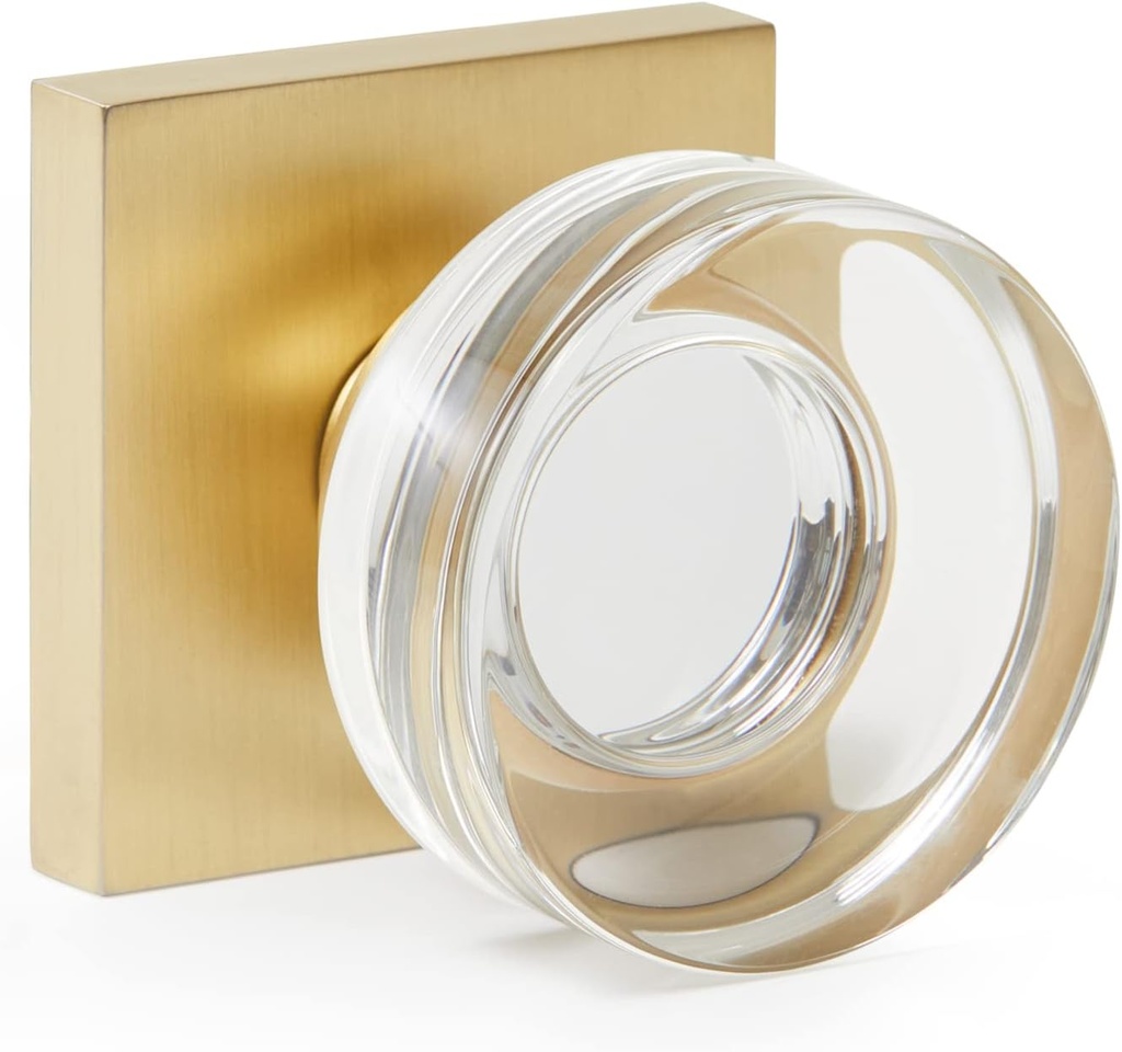Satin Gold Door Knob– Solid Metal Privacy Set with Crystal Clear Round Acrylic Knob and Square Backplate – Reversible Locking Handle for Bedroom or Bathroom – Florence by Explore Hardware