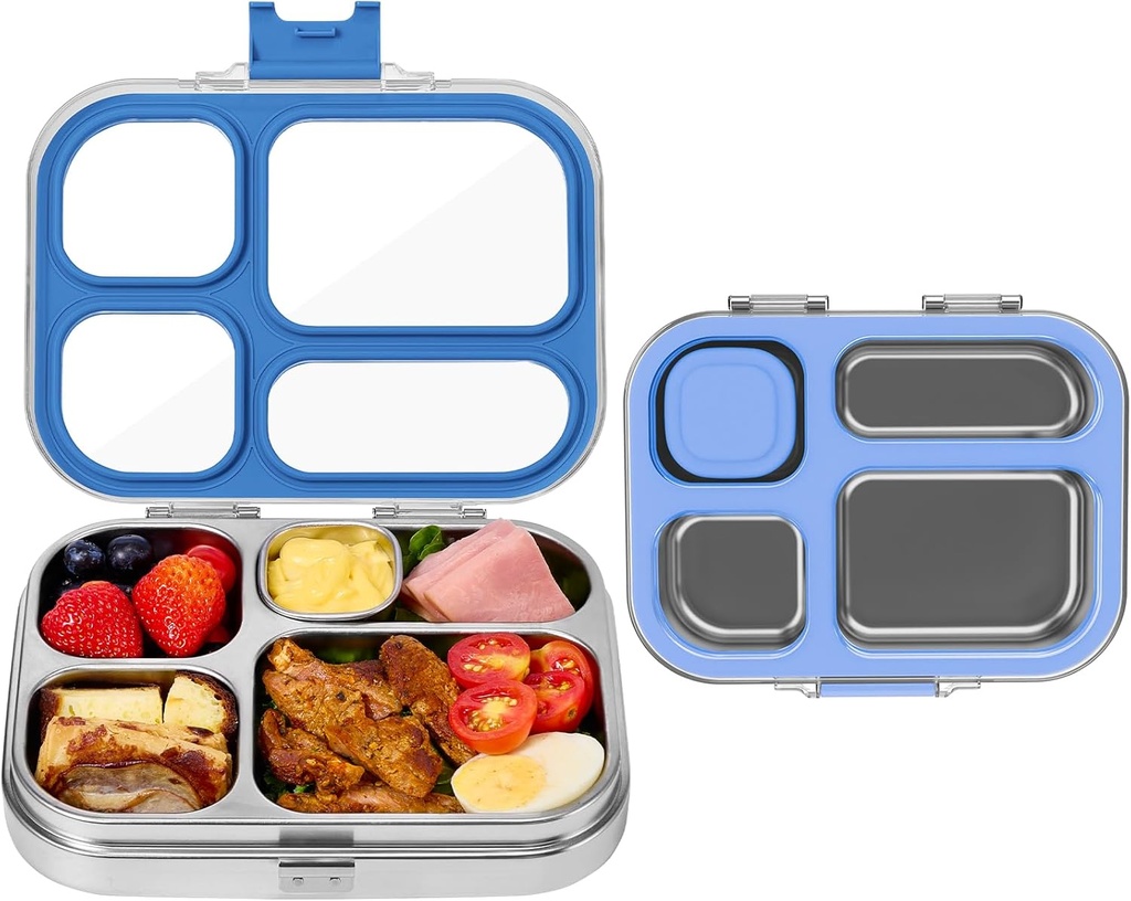 MISS BIG Stainless Steel Bento Box Kids 4 Compartment, with 50 Food Stickers, Sauce Container Stainless with Lid, Leak-Proof 304 Lunch Box, BPA-Free, Drop-Resistant, Durable, for Kids, School (Blue)
