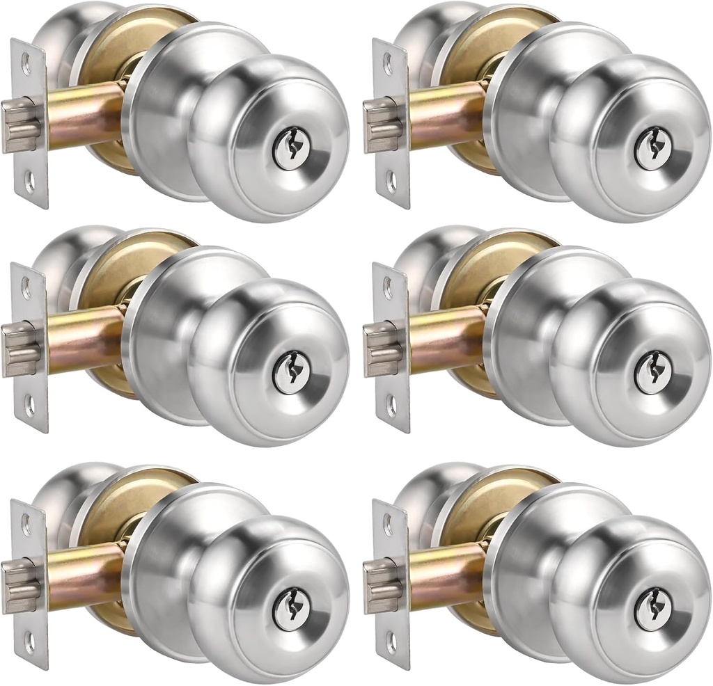 6pcs Door Knob with Lock & Same Keys, 60/70mm Adjustable Latch Exterior Door Lock Set, Silver Door Knobs Interior Locks for Bedrooms Bathroom, Entry Door Locksets