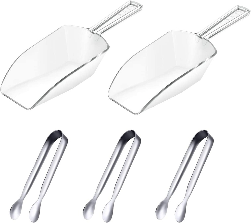 3Pcs Small Ice Tongs and 2Pcs Plastic Ice Scoops, Mini Sugar Tongs Sweet Scoops Set for Sugar Cubes Ice Cubes Dessert Buffet Picnic