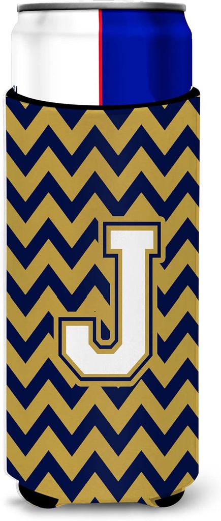 Letter J Chevron Navy Blue and Gold Ultra Beverage Insulators for slim cans